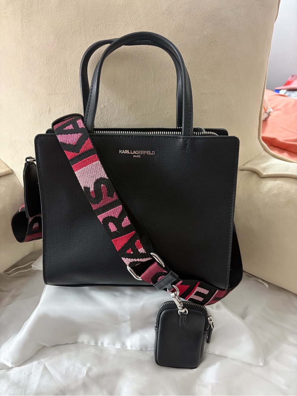 NWOT Karl Lagerfeld Black Textured Leather Satchel with Top Handles - Picture 3 of 3